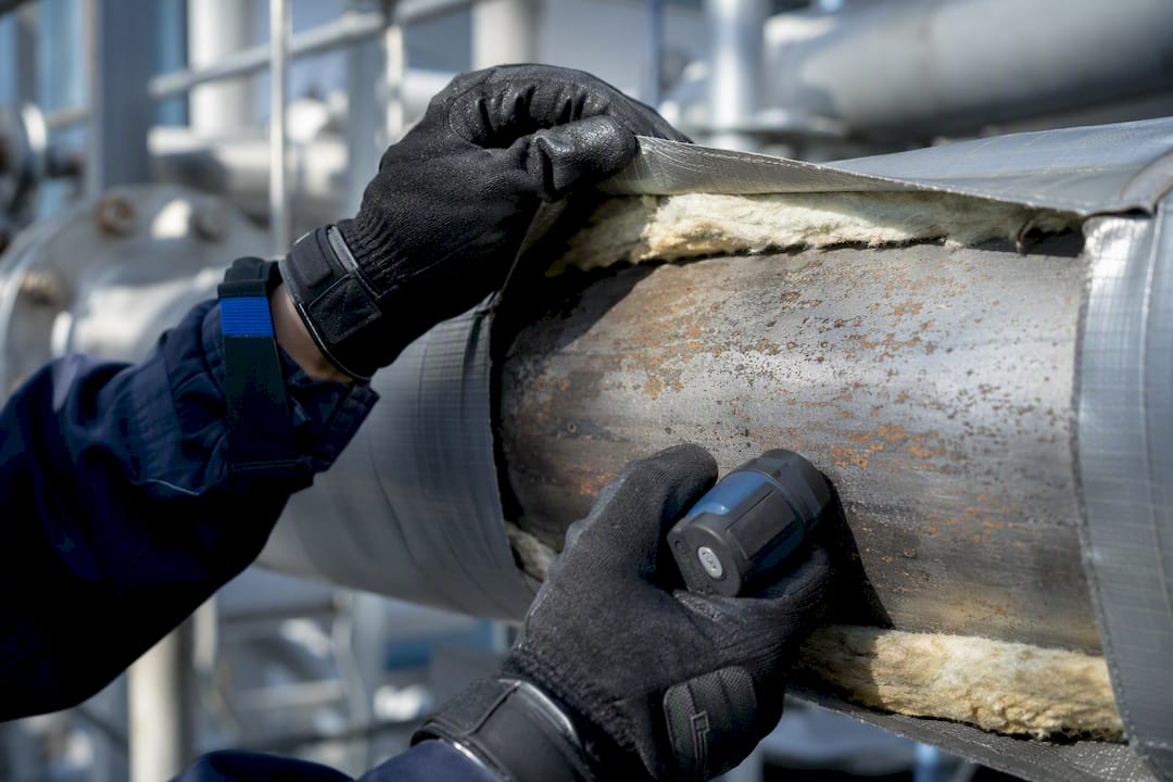 Inspector removing insulation from process pipe