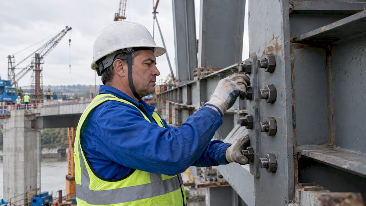 Inspector checking bridge steel bolt alignment