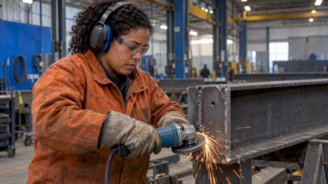 Fabricator grinding a steel edge before coating
