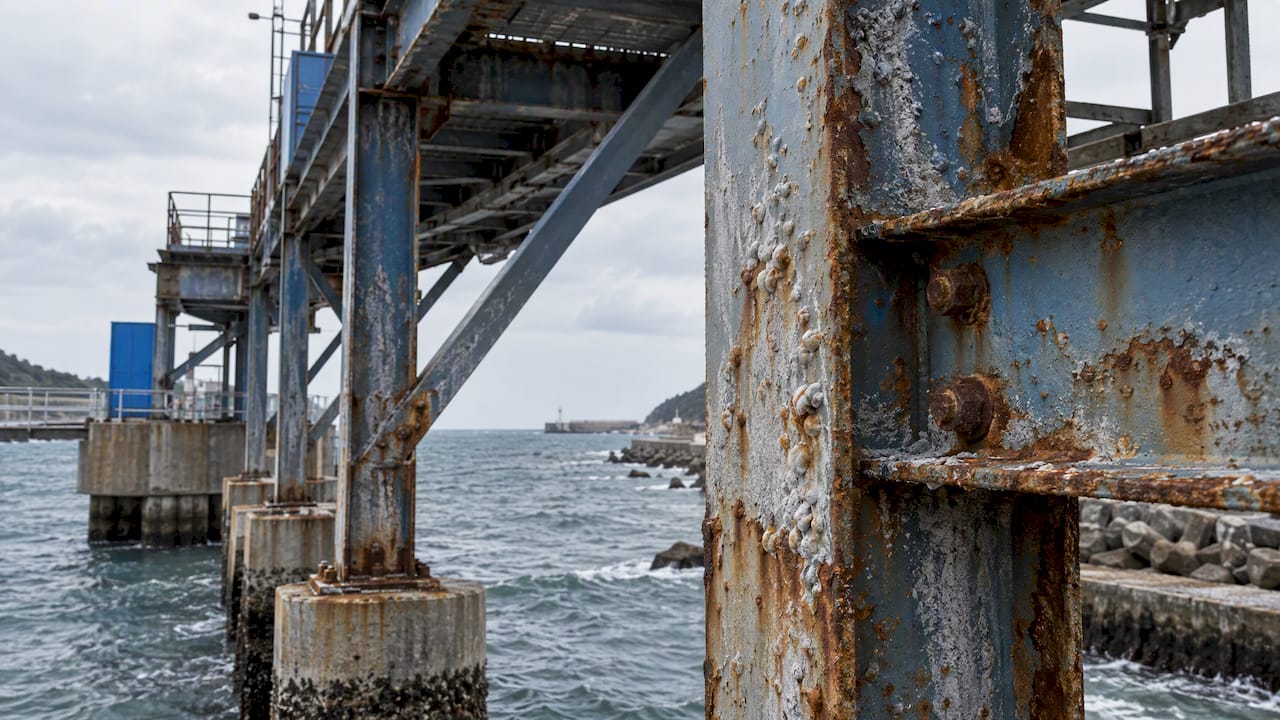 Salt deposits and coating damage on coastal steel